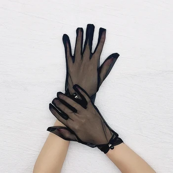 Тънки черни мрежести ръкавици, дамски секси прозрачни еластични ръкавици без пръсти с лък и перли, къси ръкавици за младоженци, сватбени ръкавици