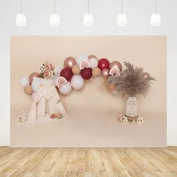 Фон за снимки Mehofond Розова дъга в стил бохо, артистична момиче, на 1-ви рожден ден, палатка с въздушно топка, декорация за торта, на фона на фото студио