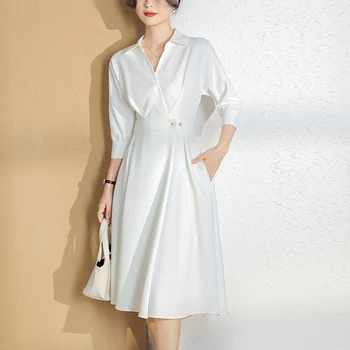 Френското модно бяла рокля, новост лятото 2023, дебнещ кръста, висококачествена имитация на коприна, дамски дълга пола чист цвят с V-образно деколте T659