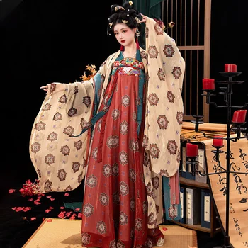 Хан Су [Банкет Чаохуа] дамски лятна риза Hanfu в стил Шинуазри, с широки ръкави, пълен комплект в стил възстановяване, дължина до гърдите, изработени