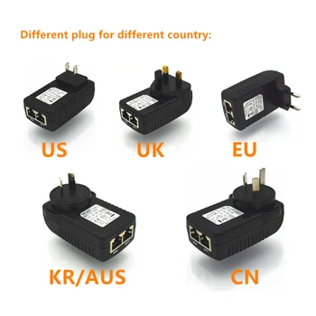 Хранене PoE инжектор 24V 1A 10/100 Mbps През Ethernet адаптер, джак 4/5 (+), 7/8 (-) AC100-240V, штепсельная вилица UK/AU/UK/US
