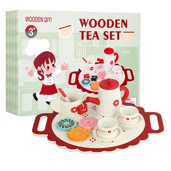 Чай комплект за малки момичета, притворяющихся деца, следобеден чай, дървени играчки, реалистични игри, определени за хранене с пончиком, чай пакетче, играчка за деца