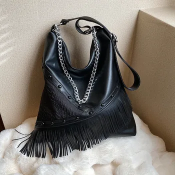 Черна дамска чанта от мека кожа, модерна дамска чанта с пискюли, чанта през рамо за жени, дизайнерска чанта-тоут с горната дръжка, голям капацитет, чанта-месинджър