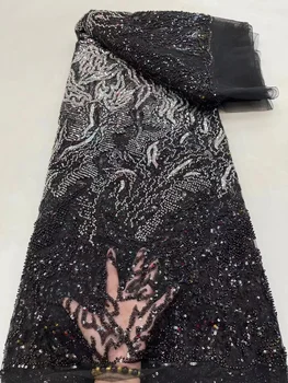 Черни топ мъниста африкански дантела 2023 висококачествени пайети нигерийски френски тюл Лейси плат за шиене на бродерия женски рокли