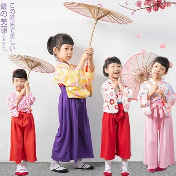 Японски моден костюм-кимоно с дълги ръкави за малки момичета 2-8 години, танцов костюм, японското кимоно, топ от две части, панталони
